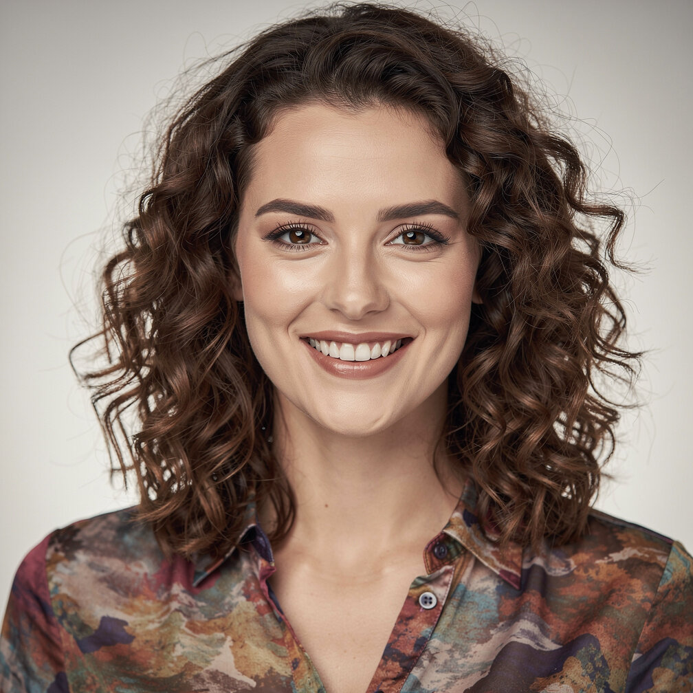 Studio portrait of a young woman with curly brown hair