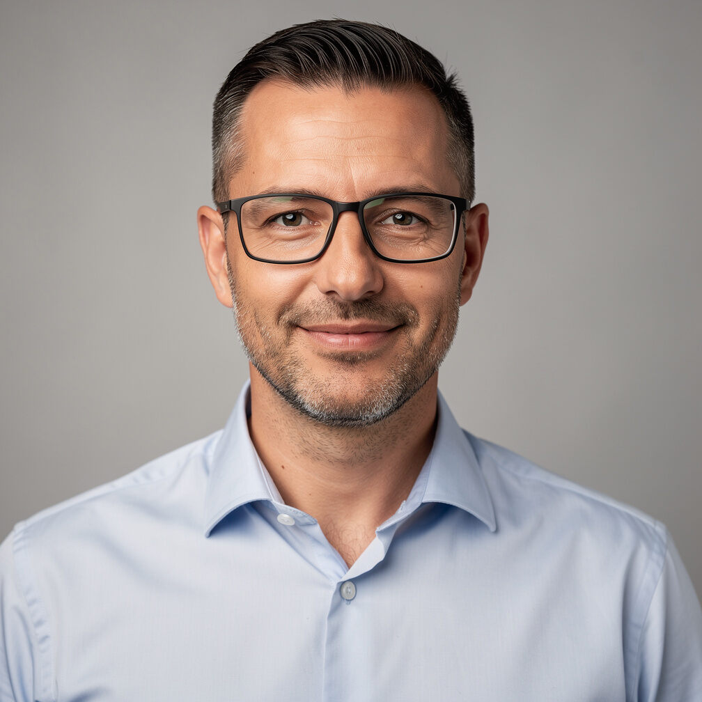 Studio portrait of a man with short dark hair and glasses