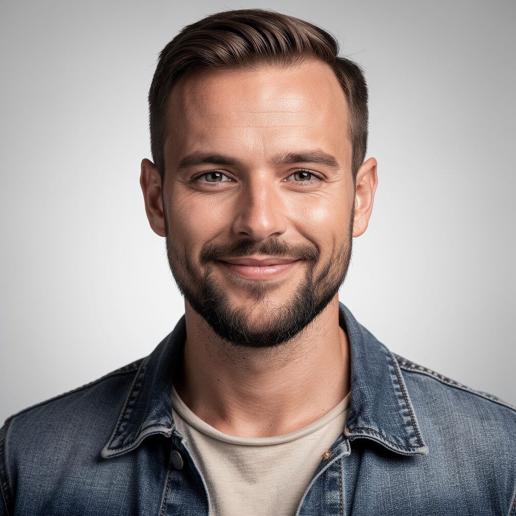 Studio portrait of a bearded man in a casual jacket