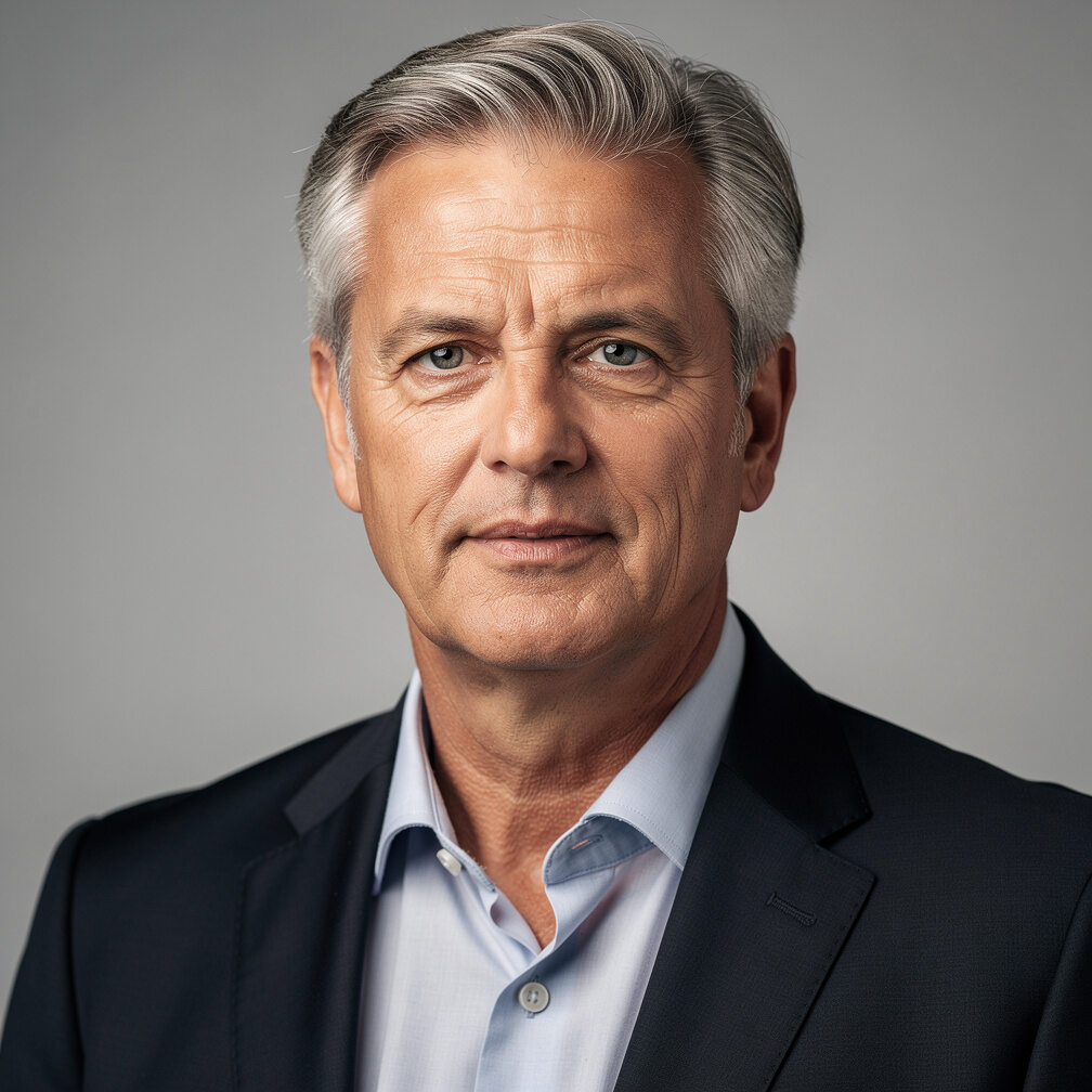 Studio portrait of an older man with grey hair and a suit